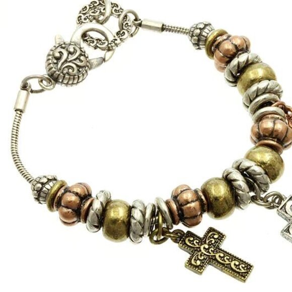 Cross Charm Bracelet Silver Gold Copper Tone 7.5-8.5" 3 Crosses Slider Style - Picture 3 of 4